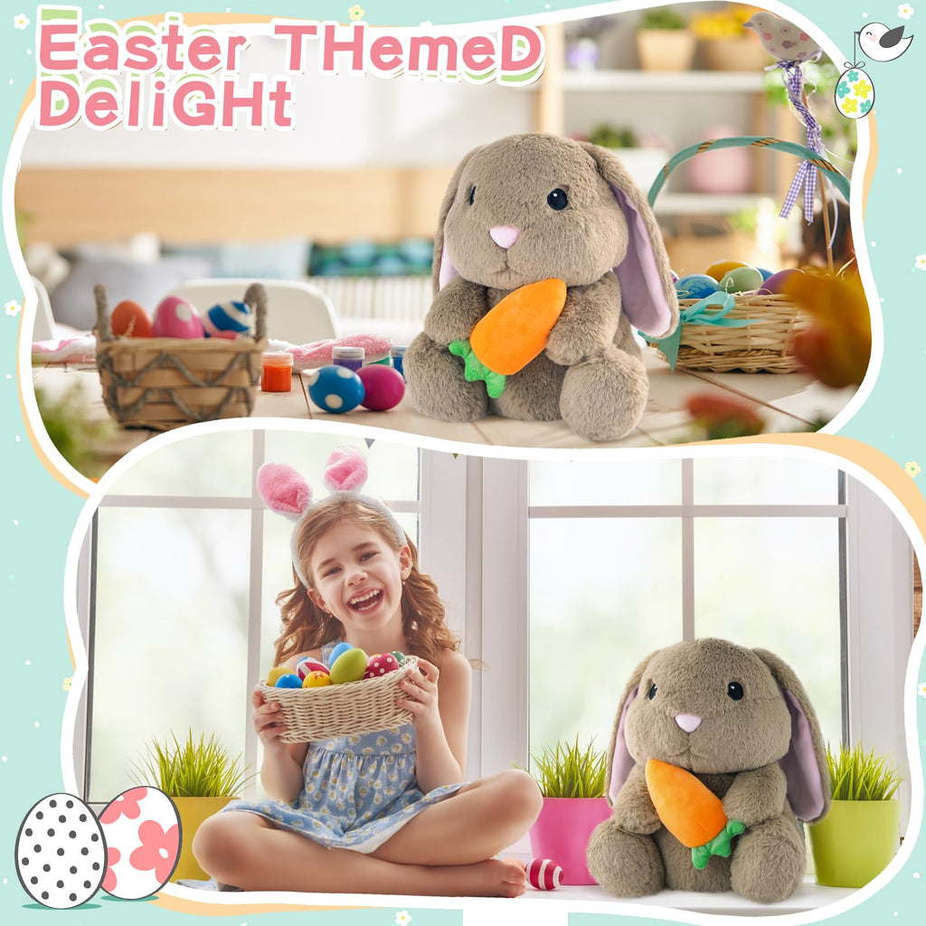 ZRUNBO 9.8-Inch Easter Bunny Plush with Floppy Ears and Carrot, Soft Brown Stuffed Rabbit for Kids