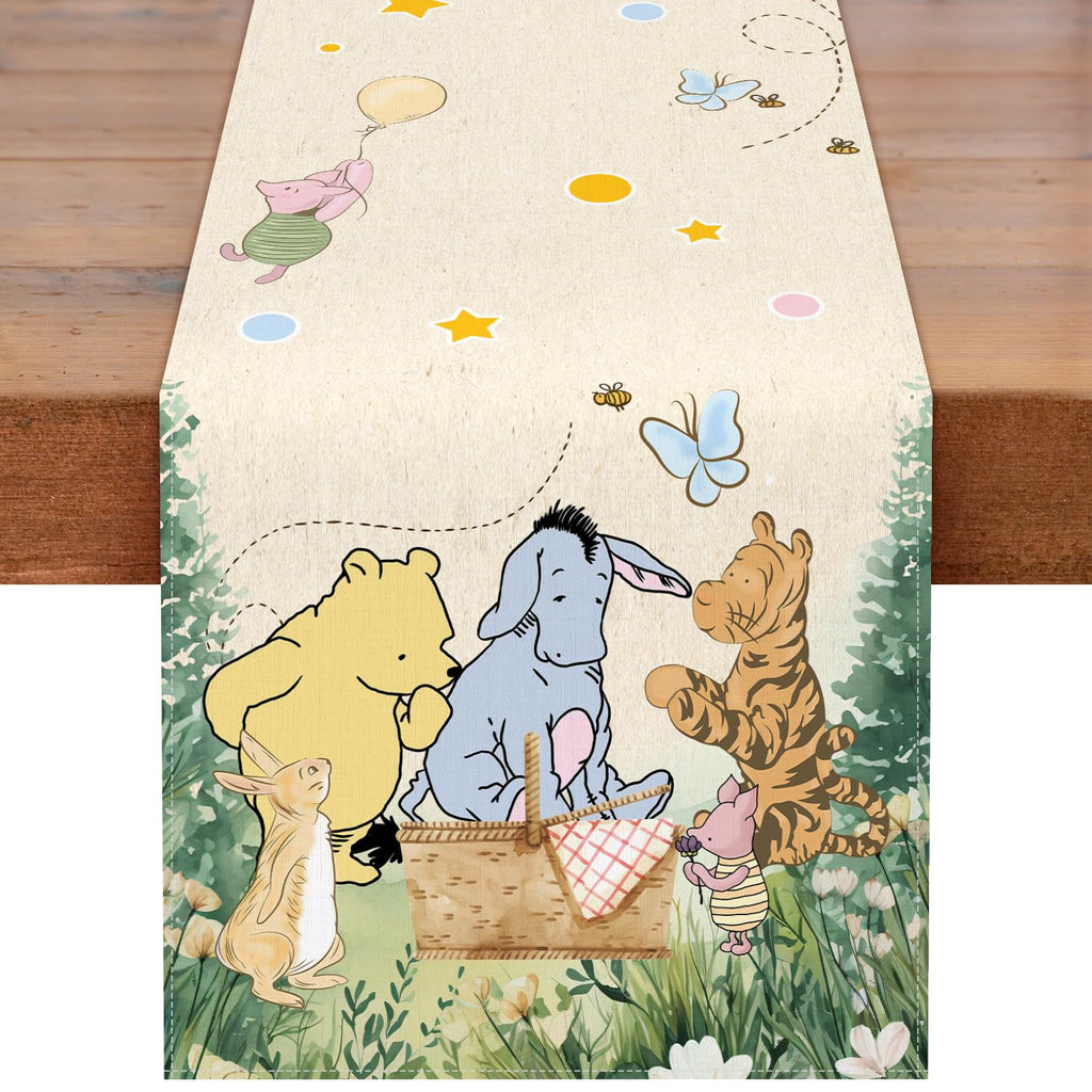 ZsaTuiy Classic Winnie the Pooh Baby Shower Tablecloth – 13x72 Inch Fabric Table Cover for Gender Reveal or Birthday Party