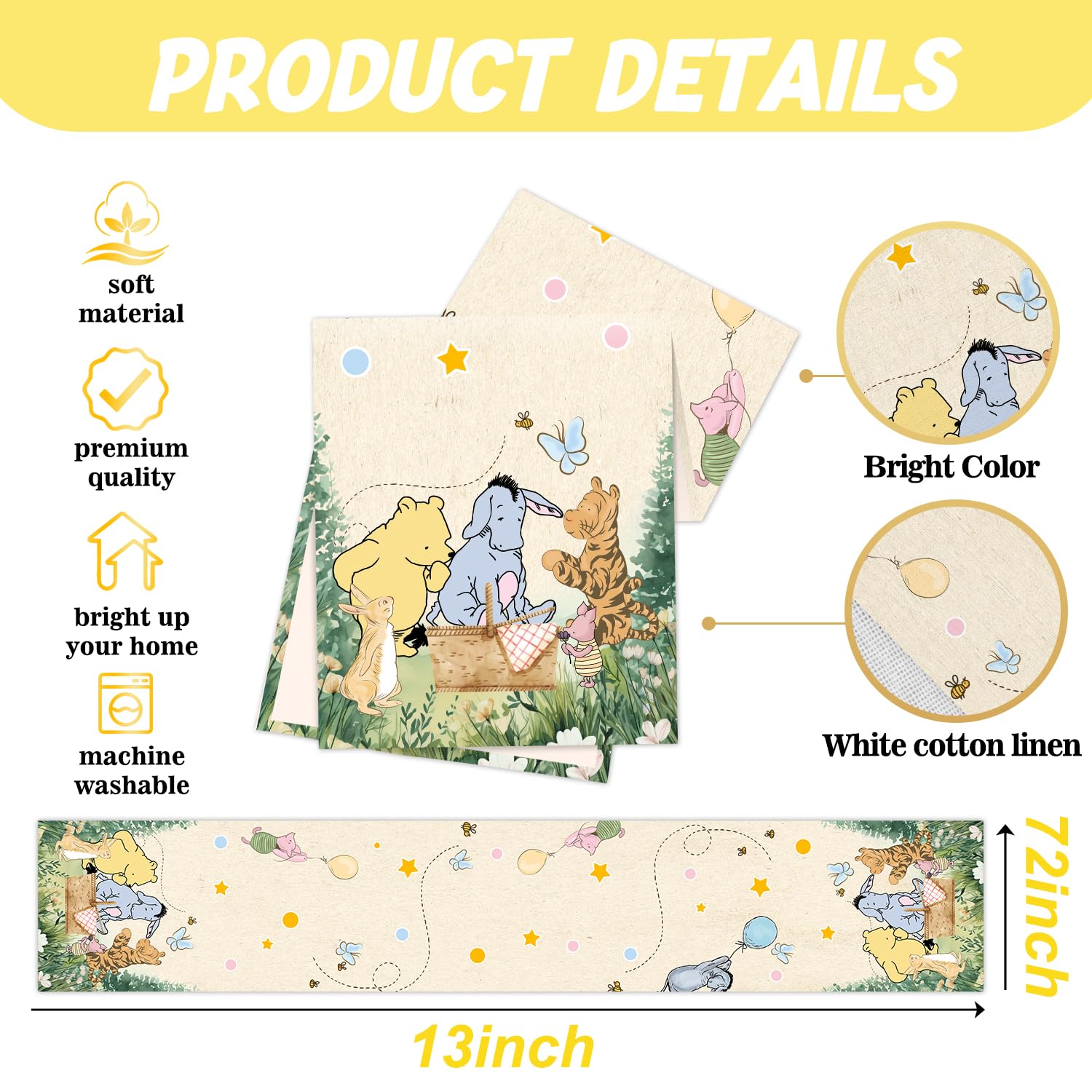 ZsaTuiy Classic Winnie the Pooh Baby Shower Tablecloth – 13x72 Inch Fabric Table Cover for Gender Reveal or Birthday Party