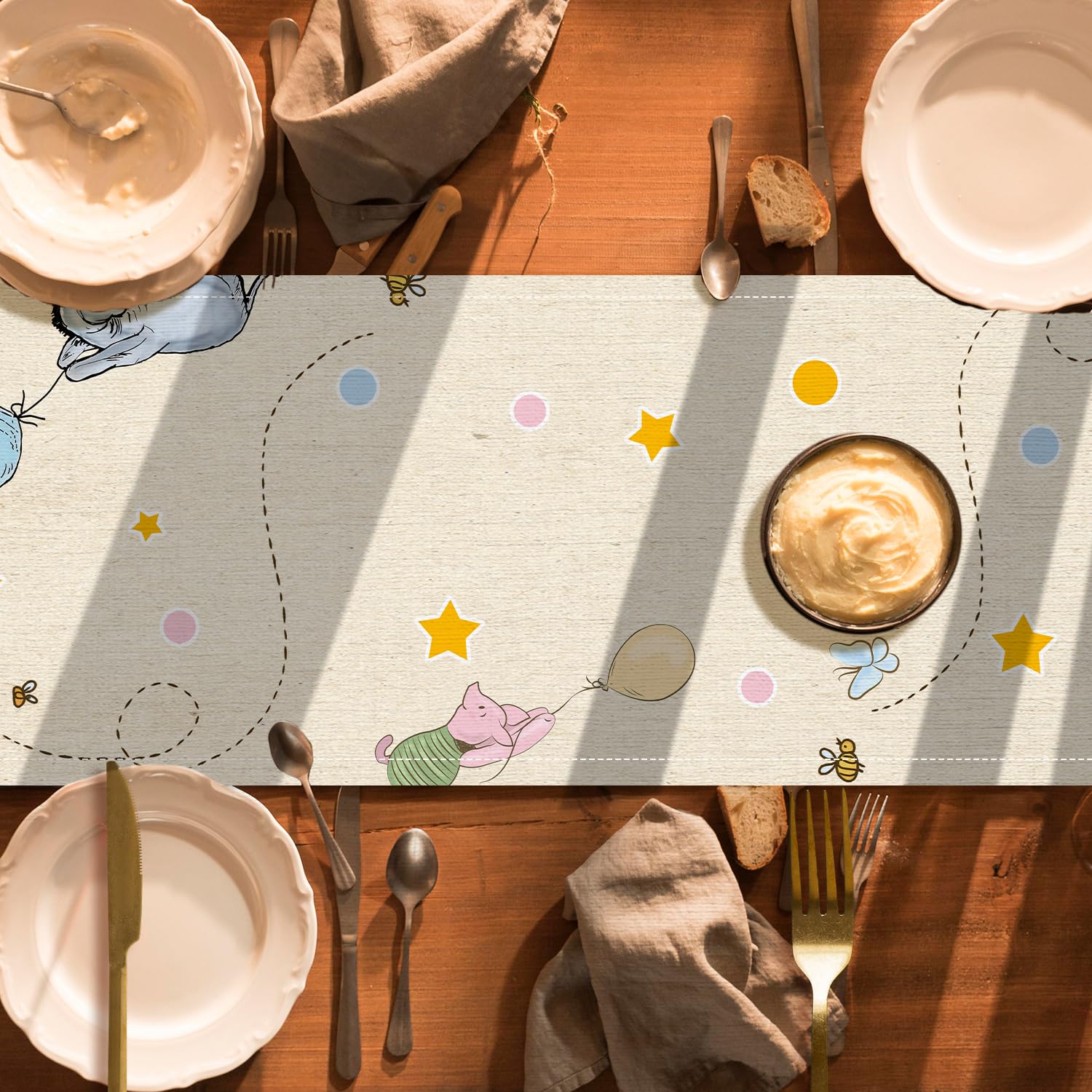 ZsaTuiy Classic Winnie the Pooh Baby Shower Tablecloth – 13x72 Inch Fabric Table Cover for Gender Reveal or Birthday Party