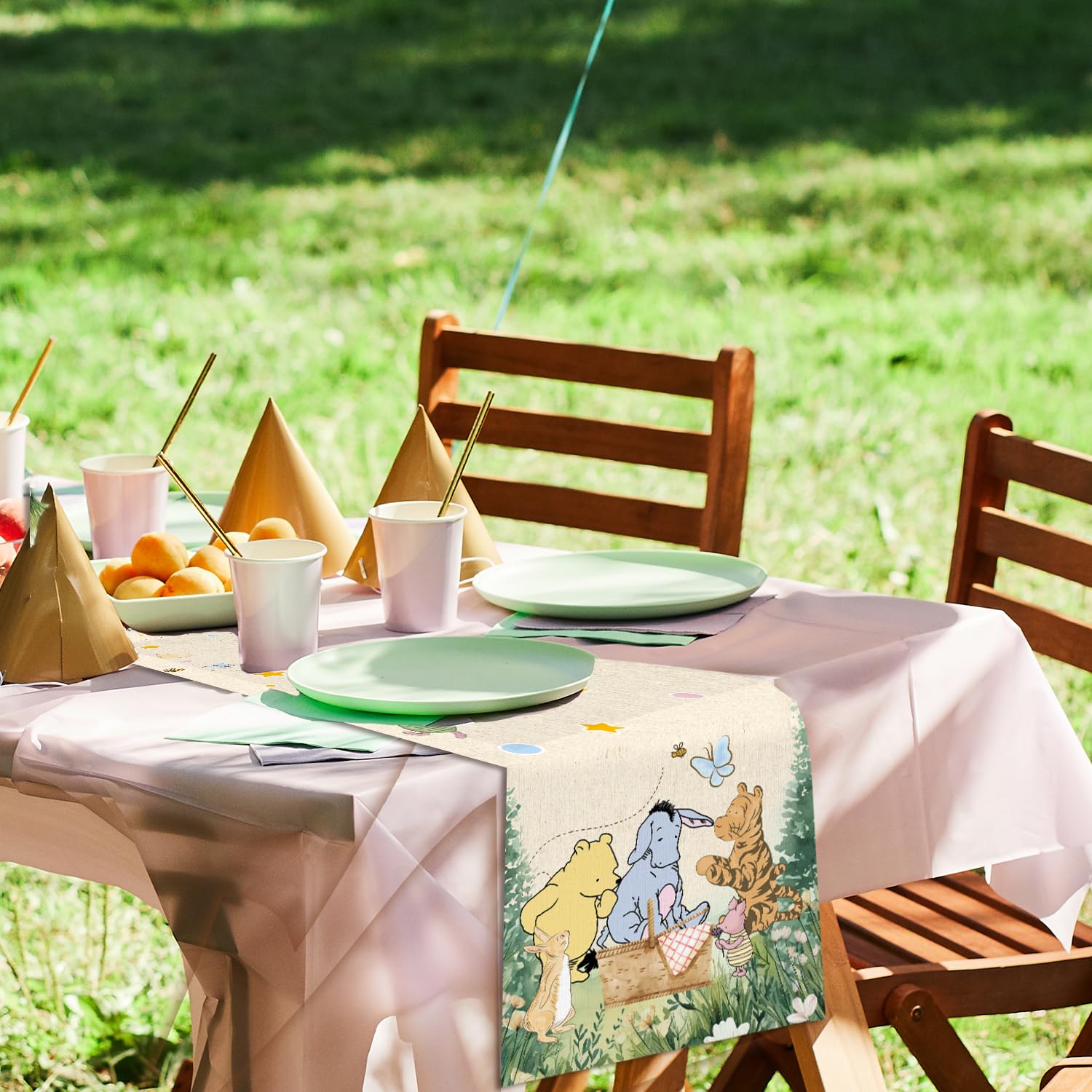 ZsaTuiy Classic Winnie the Pooh Baby Shower Tablecloth – 13x72 Inch Fabric Table Cover for Gender Reveal or Birthday Party