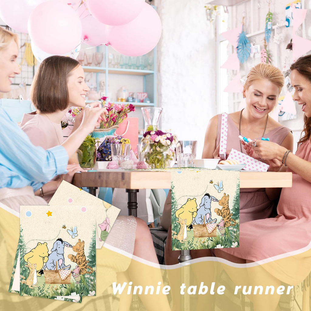 ZsaTuiy Classic Winnie the Pooh Baby Shower Tablecloth – 13x72 Inch Fabric Table Cover for Gender Reveal or Birthday Party