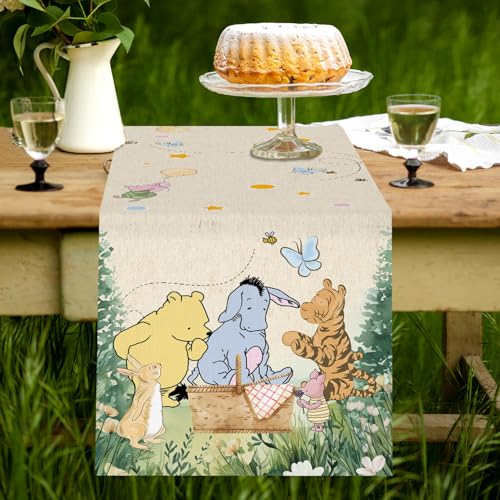 ZsaTuiy Classic Winnie the Pooh Baby Shower Tablecloth – 13x72 Inch Fabric Table Cover for Gender Reveal or Birthday Party