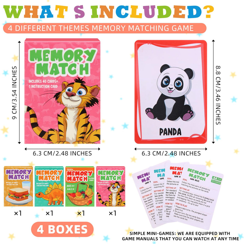 Zubebe Memory Matching Game Set of 4 Themes - Educational Toy for Kids, Family Night, Classroom Prizes