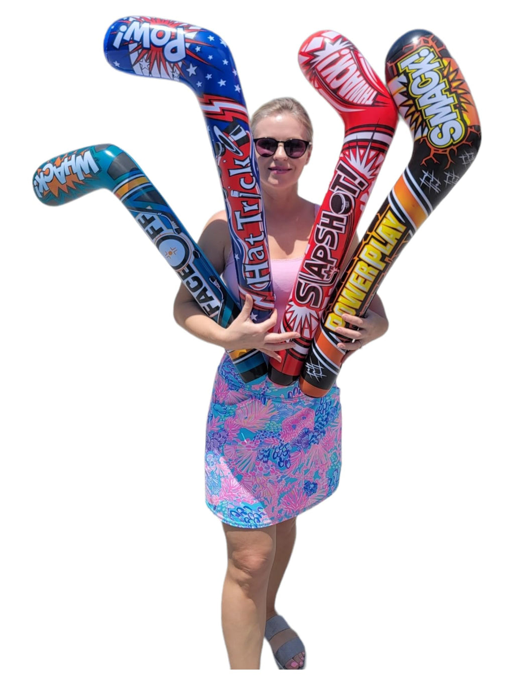 Zugar Land 35-Inch Inflatable Hockey Sticks (4-Pack) - 4 Fun Designs, PVC, for Indoor/Outdoor Play