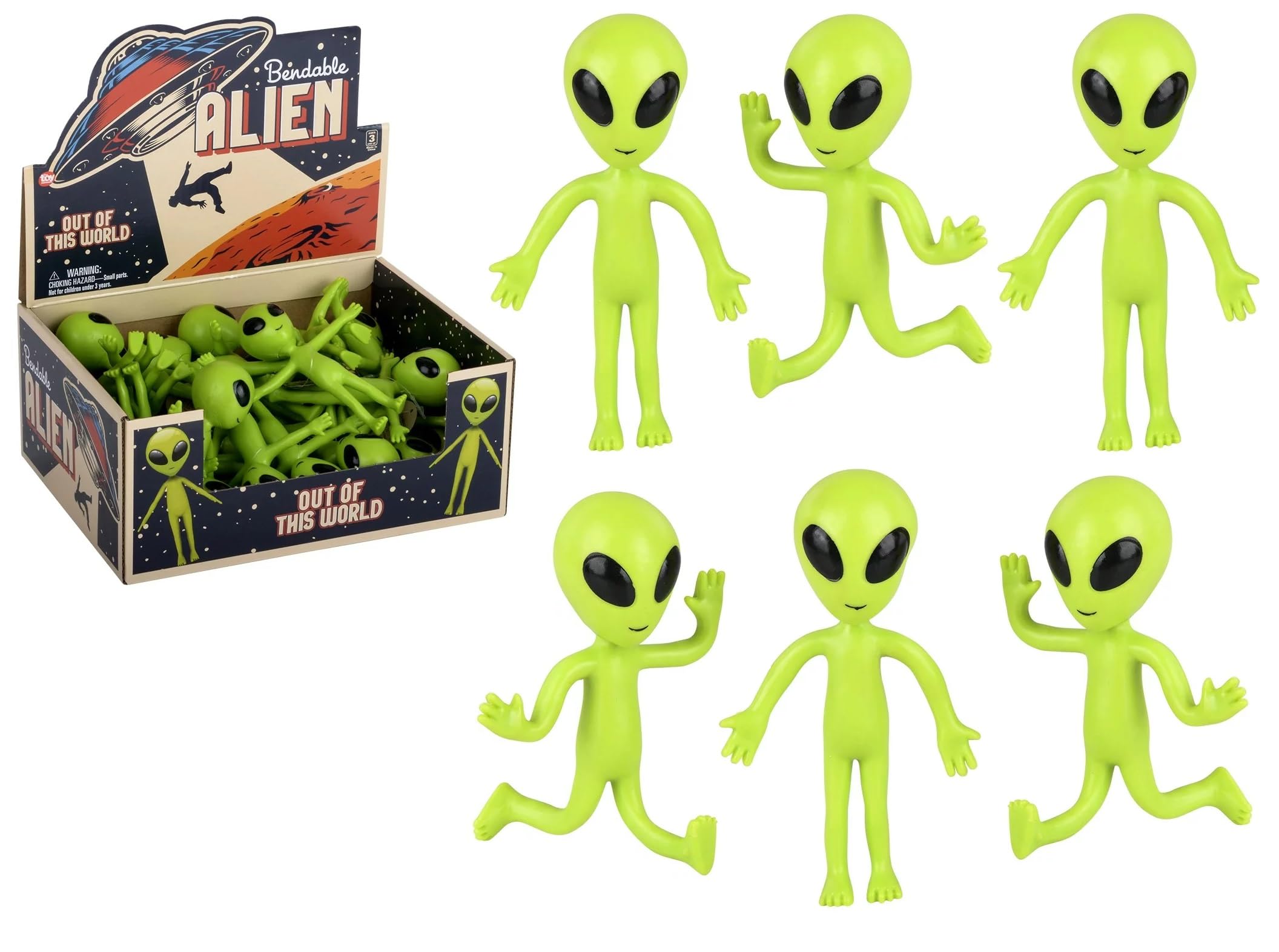 Zugar Land Bendable Rubber Neon Green Aliens - 6 Pack of 4-Inch Sensory Fidget Toys for Stress Relief and Party Favors