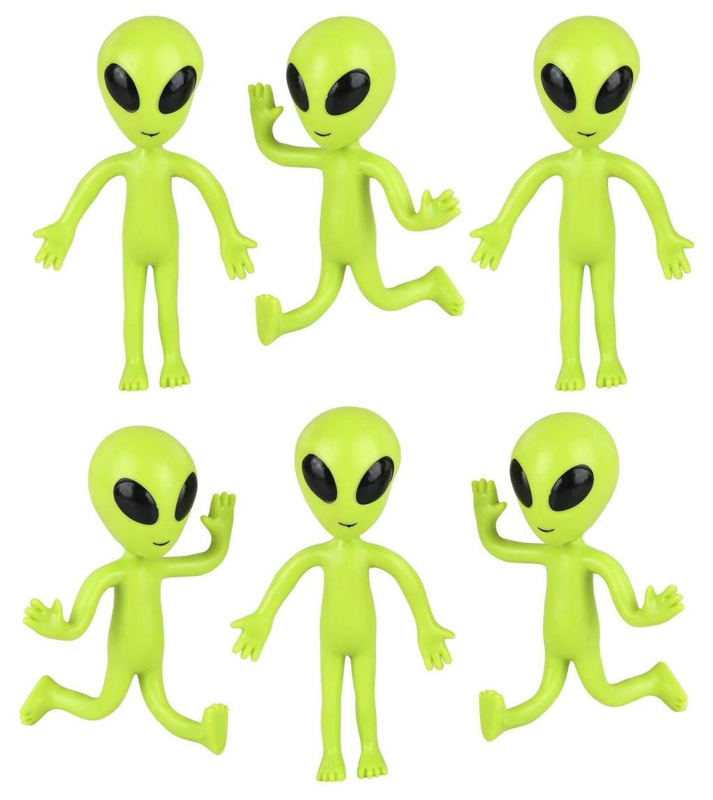 Zugar Land Bendable Rubber Neon Green Aliens - 6 Pack of 4-Inch Sensory Fidget Toys for Stress Relief and Party Favors