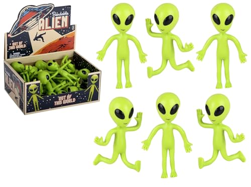 Zugar Land Bendable Rubber Neon Green Aliens - 6 Pack of 4-Inch Sensory Fidget Toys for Stress Relief and Party Favors