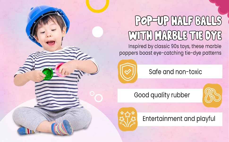 Zugar Land Colorful Rubber Marble Poppers (12-Pack) – 1.75" Retro Pop-Up Half Balls with Tie-Dye Designs
