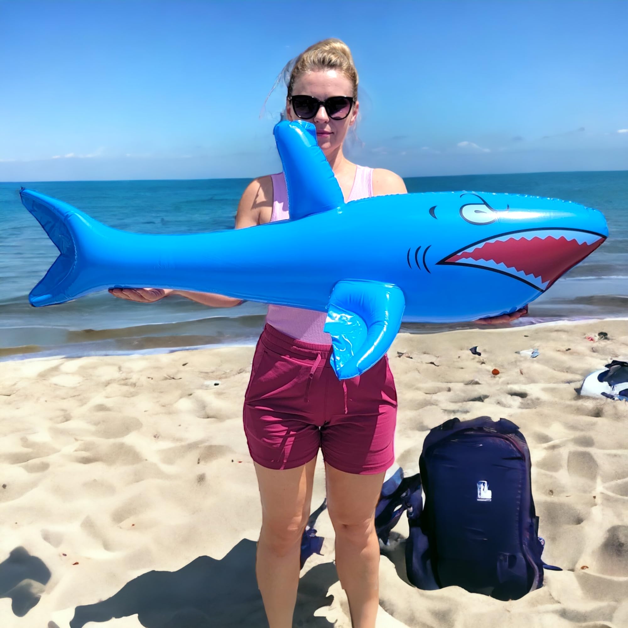 Zugar Land Jumbo 42" Inflatable Shark - 3-Pack (Red, Blue, White) Giant Pool Float Toy