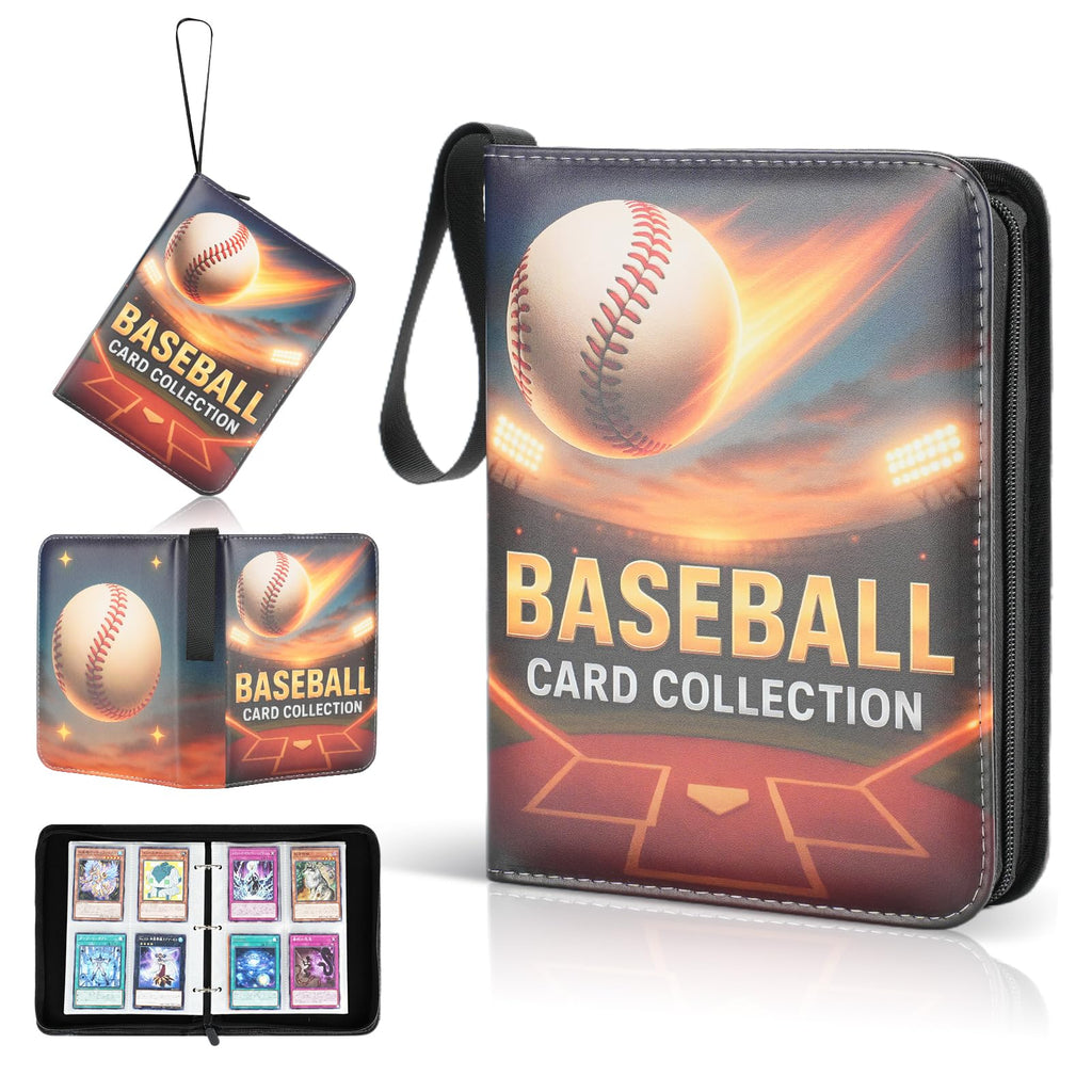 ZVXROEV Baseball Card Binder - 4-Pocket Side-Loading Album Holds 400 Cards, PU Leather Zip Cover, Acid-Free Pages for Safe Storage & Shows, Baseball Design