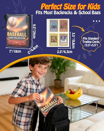 ZVXROEV Baseball Card Binder - 4-Pocket Side-Loading Album Holds 400 Cards, PU Leather Zip Cover, Acid-Free Pages for Safe Storage & Shows, Baseball Design