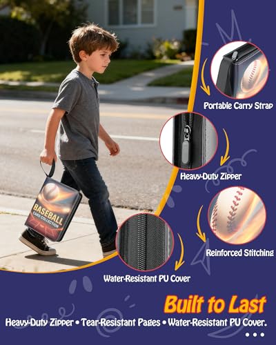 ZVXROEV Baseball Card Binder - 4-Pocket Side-Loading Album Holds 400 Cards, PU Leather Zip Cover, Acid-Free Pages for Safe Storage & Shows, Baseball Design