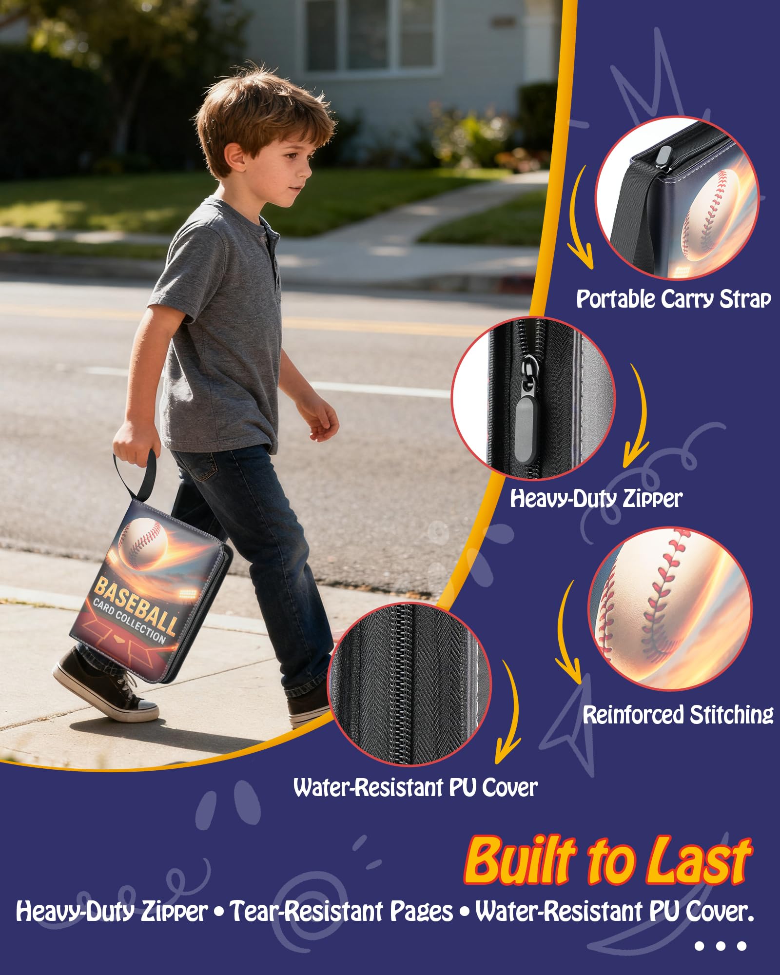 ZVXROEV Baseball Card Binder - 4-Pocket Side-Loading Album Holds 400 Cards, PU Leather Zip Cover, Acid-Free Pages for Safe Storage & Shows, Baseball Design