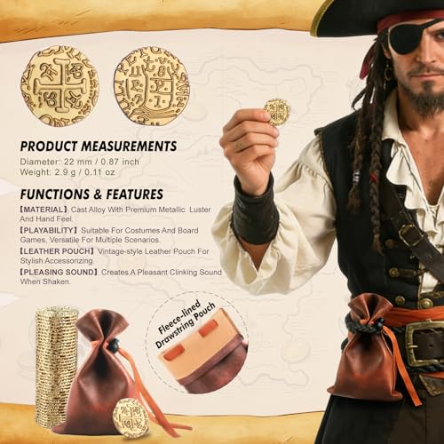 ZWGParty 40-Piece Gold Pirate Coin Set – Metal Doubloons with Leather Pouch for Board Games, Parties, and Treasure Hunts
