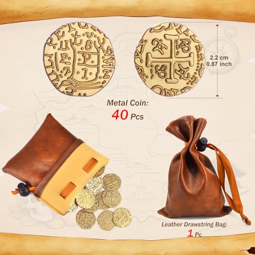 ZWGParty 40-Piece Gold Pirate Coin Set – Metal Doubloons with Leather Pouch for Board Games, Parties, and Treasure Hunts