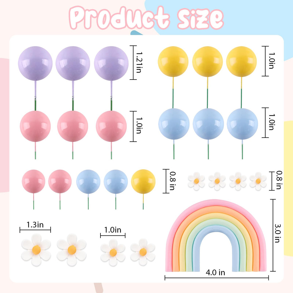 ZWLIYCHN Rainbow Cake Topper Set - 26 Pcs Pastel Balls & Daisy Flowers for Bohemian Parties
