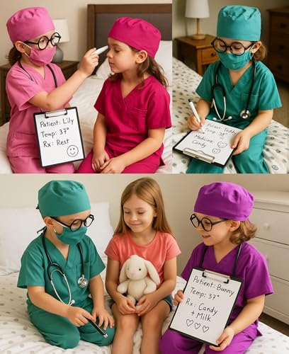 ZZIHAN 9-Piece Kids Doctor Costume – Pink Scrubs Set with Real Stethoscope for Ages 3-12