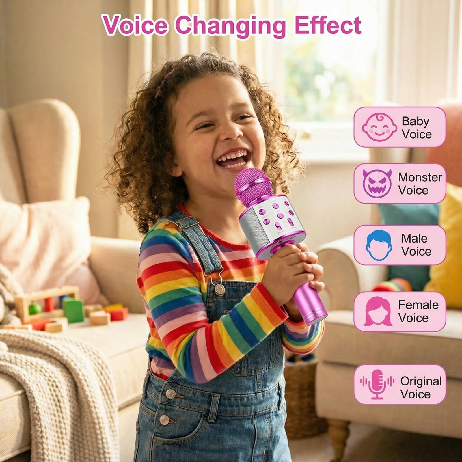 ZZLWAN Purple Kids Karaoke Microphone for Girls Ages 3-8 - 4-in-1 Bluetooth Speaker, Recorder, Radio, 5 Voice Modes, Durable Aluminum Alloy, UL Certified Battery